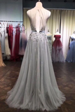 A Line Tulle Beads 3D Flowers Round Neck Long Prom Dresses With Belt