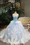 Sky Blue Floral Wedding Dress Shiny Tulle Lace Off The Shoulder Lace Up With Beads Handmade Flowers