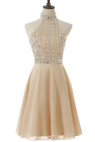 A Line High Neck Homecoming Dresses Chiffon With Beading Short/Mini