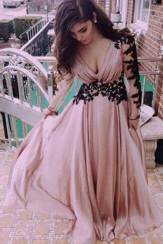 A-Line/Princess Long Sleeves V-Neck Chiffon Applique Floor-Length Dresses Evening Dress