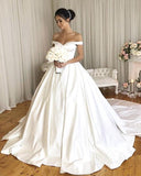 Simple Princess Ivory Ball Gown Sweetheart Satin Off the Shoulder Wedding Dresses