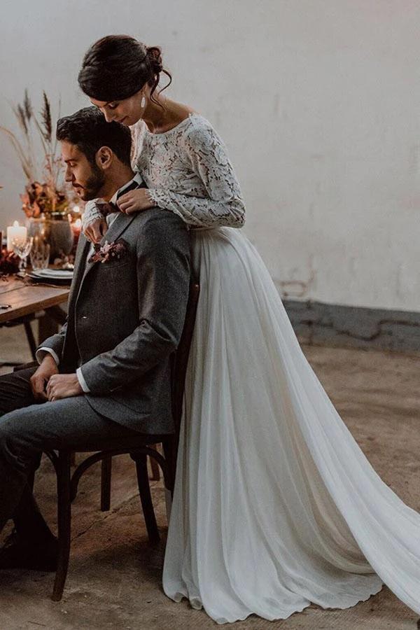 Elegant Long Sleeves Two Pieces Chiffon Wedding Dresses with Lace, Backless Bridal Dresses SJS15514