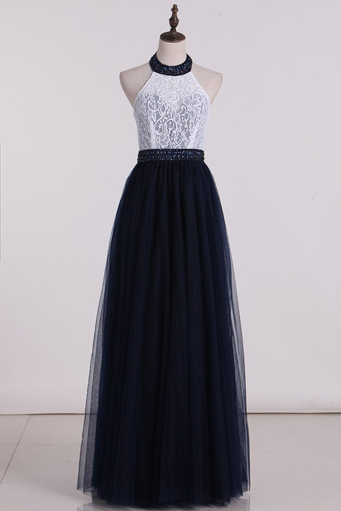 Halter With Beading A Line Prom Dresses Tulle & Lace Floor Length