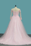 A Line Tulle Long Sleeves Scoop Wedding Dresses With Applique And Sash Sweep Train