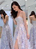 Charming Sweetheart Strapless Lace Appliques Lilac Prom Dresses with SJS20404