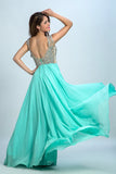 V Neck Prom Dresses A Line Beaded Bodice Sweep Train Chiffon & Tulle