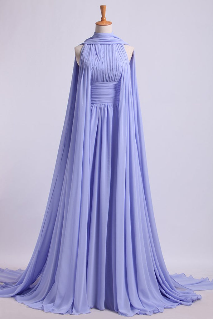 High Neck Pleated Bodice Prom Dresses A-Line Chiffon Sweep Train Online ...
