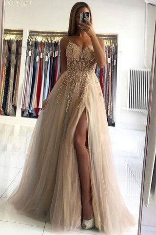 Champagne V Neck Lace Beads A Line Long Prom Dresses