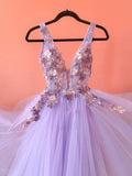 Lilac Tulle A-Line V-Neck Formal Evening Dresses Appliques Long Prom Dresses