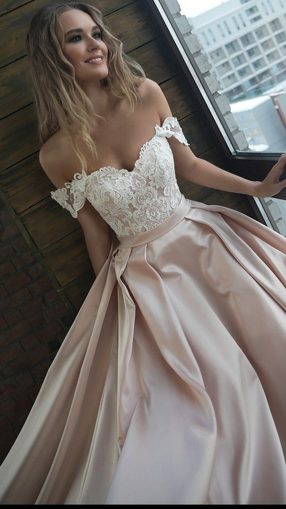 Chic Satin Prom Dresses Off the Shoulder Cheap Lace Sweetheart Wedding Dress JS520