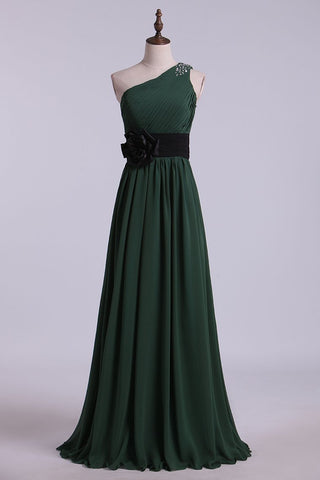 One Shoulder A Line Prom Dress With Ruffles And Beads Floor Length Chiffon