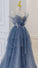 A Line Spaghetti Straps Evening Party Dresses Blue Tulle Long Prom Dresses