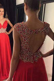 Open Back Red Chiffon V-Neck Cap Sleeve Lace A-Line Beads Prom Dresses JS961