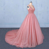 Ball Gown V Neck Tulle Prom Dress with Beads, Puffy Pink Sleeveless Quinceanera Dresses SJS15074