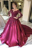 Ball Gown Long Sleeves Burgundy Satin Beads Prom Dresses with Appliques, Quinceanera Dress SJS15498
