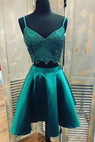Teal Two Piece Satin Homecoming Dresses With Lace Spaghetti Strap Graduation Dress