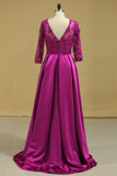Plus Size V Neck A Line Mother Of The Bride Dresses Satin With Applique & Beads 3/4 Length Sleeves