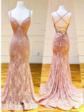 Mermaid Spaghetti Straps Pink Lace V Neck Beads Prom Dresses with SJS20426