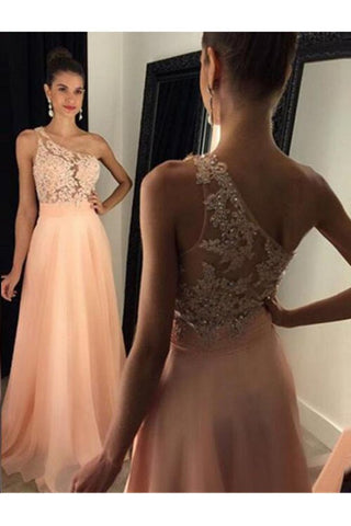 Prom Dresses A Line One Shoulder With Applique Sweep Train Chiffon