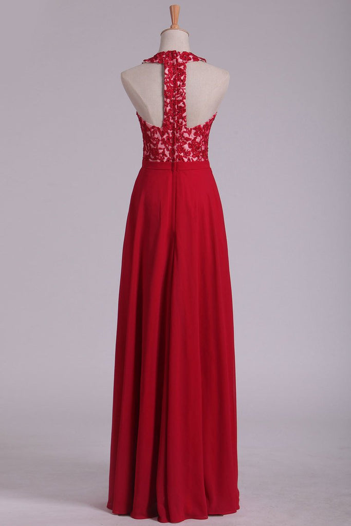 V Neck Prom Dresses A Line Chiffon With Applique And Beads Open Back Floor Length