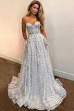 A Line Sweetheart Strapless Sweep Train Lace Pockets Wedding Dress with Sequins SJS15036