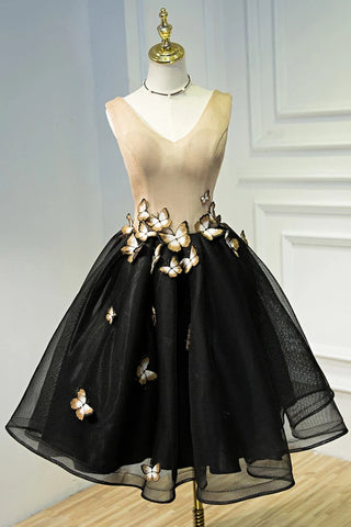 A Line Black V Neck Homecoming Dresses Sleeveless With Butterfly