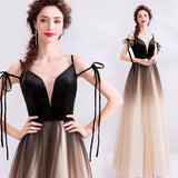 Spaghetti Straps Black Deep V Neck Formal Dress, Floor Length Tulle Ombre Prom Dresses SJS15409