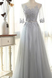 Elegant Prom Dresses A-Line Scoop Floor-Length Tulle 3/4 Sleeves With Appliques