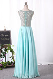 2023 A Line Boat Neck Chiffon Prom Dresses With Beading Floor Length