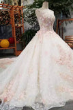 Luxurious Floral Wedding Dresses Scoop Neck With Appliques And Sequins Lace Up