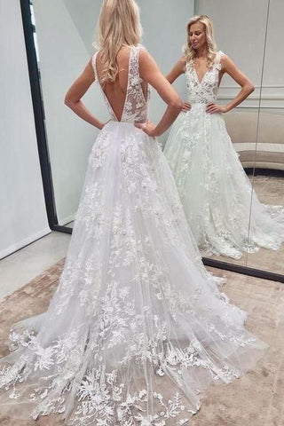 V Neck Court Train V Back Lace Tulle With Applique Wedding Dresses
