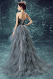 Elegant High Low Strapless Sweetheart Feathers Tulle Gray Prom Dresses with Lace SJS15643