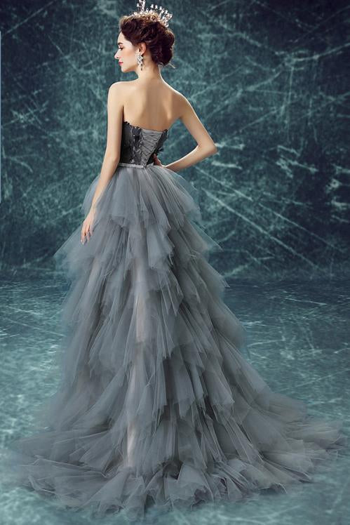 Elegant High Low Strapless Sweetheart Feathers Tulle Gray Prom Dresses with Lace SJS20415