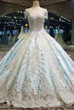 Luxurious High-End Satin Wedding Dresses Scoop Neckline A-Line Lace Up With Crystals And Beads