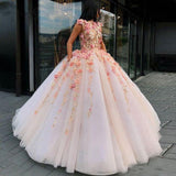 Princess Ball Gown Pink Tulle Prom Dresses with Handmade Flowers, Quinceanera SJS20430