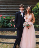 Charming A Line V Neck Open Back Tulle Pink Prom Dresses with Beading, Prom SJS20396