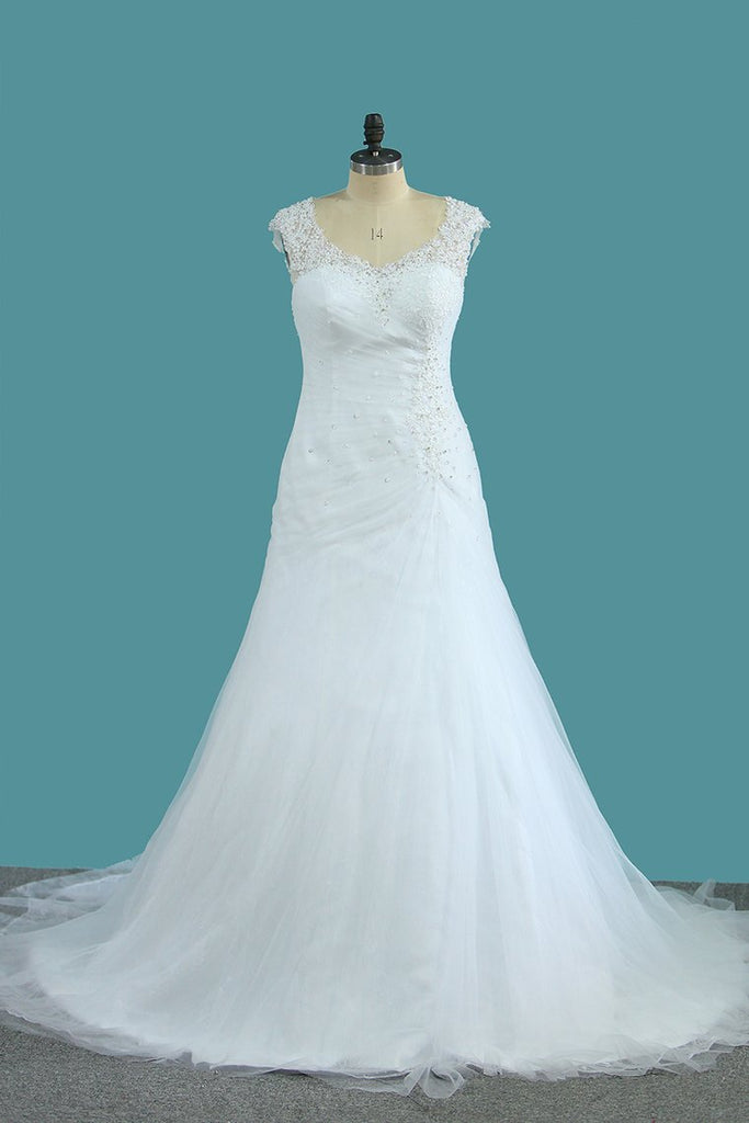 V Neck Tulle A Line Wedding Dresses With Applique And Beads