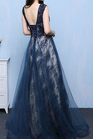 Tulle & Lace Scoop With Applique A Line Sweep Train Prom Dresses