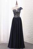 Scoop Cap Sleeve A Line Satin With Applique Floor Length Prom Dresses