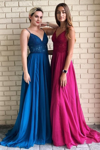 Spaghetti Straps A-Line Long Cheap Prom Dresses With Lace Top