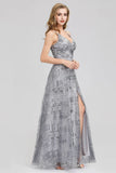 V Neck A Line Spaghetti Straps Sliver Sequins Prom Dresses Party Dresses SJS15470