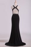 Black Open Back Prom Dresses Scoop Spandex With Beading & Slit Sweep Train