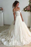 Affordable Lace Unique Off the Shoulder Online Charming Long Tulle Wedding Dress JS279