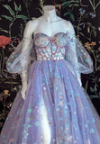 Light Purple A-line Tulle Floral Off Shoulder Sweetheart Evening Prom Dresses