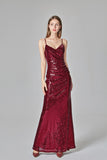 Spaghetti Straps Burgundy Prom Dresses Mermaid Sequins Party Dresses, Dance Dresses SJS15412
