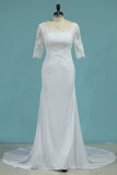Scoop 3/4 Length Sleeves Wedding Dresses Mermaid Chiffon With Applique