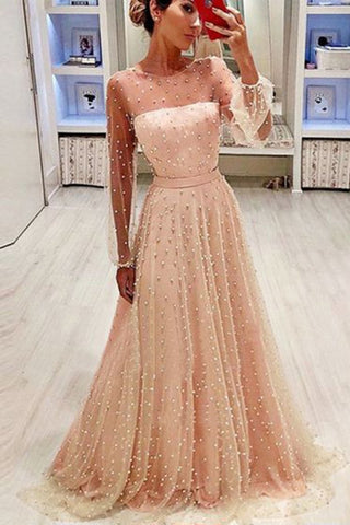 A Line Round Neck Long Sleeves Champagne & Peach Pearls Long Prom Dresses