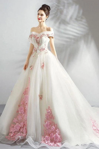 Unique Off The Shoulder Tulle Wedding Dress With Pink Flowers Ball Gown Wedding SJSPQ4NB2CL