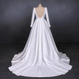 Ball Gown Long Sleeve White Satin Wedding Dresses, Long Simple Wedding Gowns SJS15060