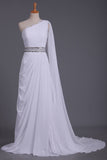 White Prom Dress One Shoulder Pleated Bodice Sheath Beaded Waistline Chiffon Court Train